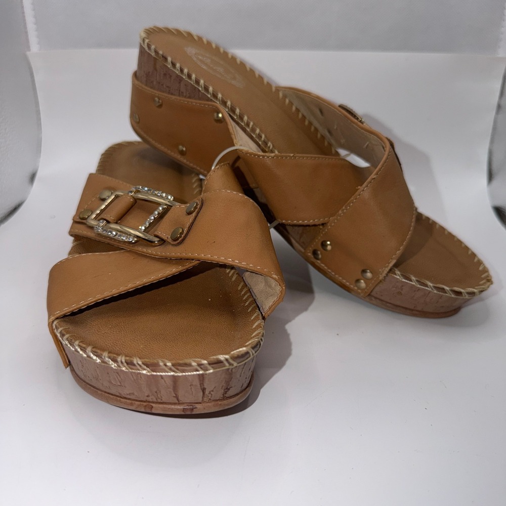 Italina Womens 10 Tan Wedge Sandal Rhinestone Buckle Boho Coastal Summer Slides